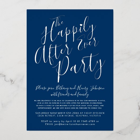 Silver Blue White, gelukkig ooit na het bruiloft Folie Uitnodiging (Voorkant)