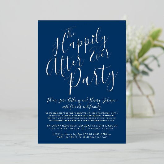 Silver Blue White, gelukkig ooit na het bruiloft Folie Uitnodiging (Staand Voorkant)