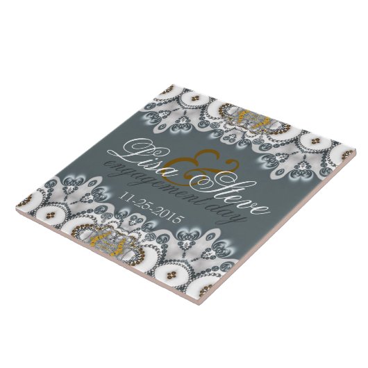 Silver Blue + White Lacy Verloving Keepsake Gift Tegeltje (Zijkant)