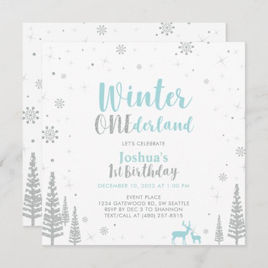 Silver & Blue Winter Onederland 1e eerste verjaard Kaart (Voorkant / Achterkant)