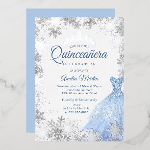 Silver Blue Winter Snowflake Quinceanera Folie Uitnodiging