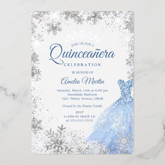 Silver Blue Winter Snowflake Quinceanera Folie Uitnodiging (Voorkant)
