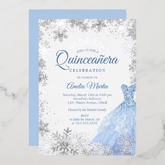 Silver Blue Winter Snowflake Quinceanera Folie Uitnodiging (Voorkant / Achterkant)