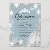 Silver Blue Winter Snowflake Quinceanera Folie Uitnodiging (Voorkant)