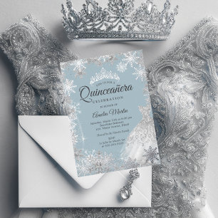 Silver Blue Winter Snowflake Quinceanera Folie Uitnodiging
