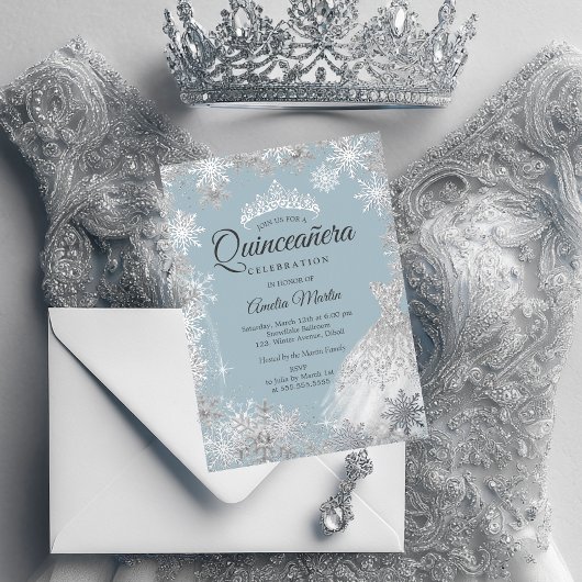 Silver Blue Winter Snowflake Quinceanera Folie Uitnodiging
