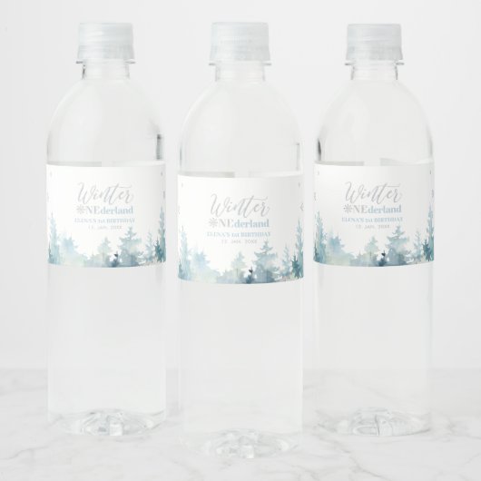 Silver & Blue Winter Wonderland 1e verjaardag Waterfles Etiket (Flessen)