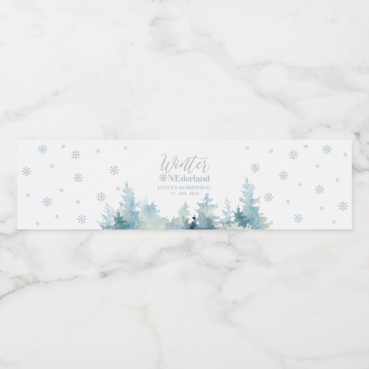 Silver & Blue Winter Wonderland 1e verjaardag Waterfles Etiket (Enkel label)