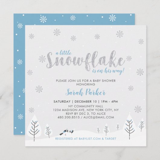 Silver & Blue Winter Wonderland Boy Baby shower Kaart (Voorkant / Achterkant)