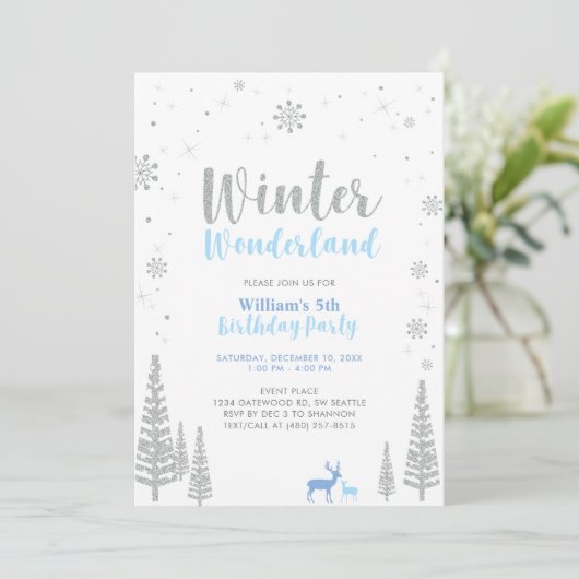 Silver & Blue Winter Wonderland Boy Birthday Kaart (Staand voorkant)