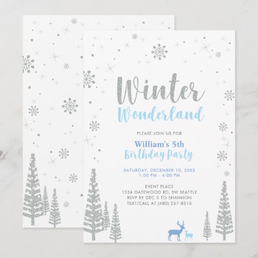 Silver & Blue Winter Wonderland Boy Birthday Kaart (Voorkant / Achterkant)