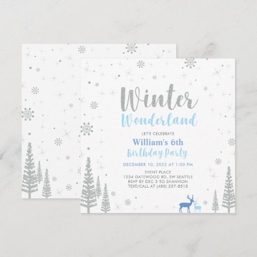 Silver & Blue Winter Wonderland Boy Birthday Party Kaart (Voorkant / Achterkant)