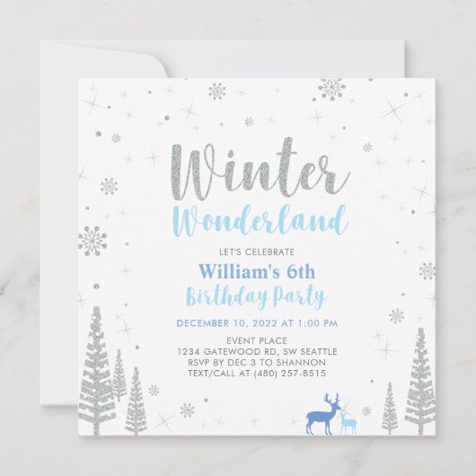 Silver & Blue Winter Wonderland Boy Birthday Party Kaart (Voorkant)