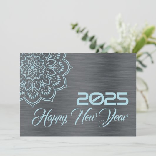 Silver blue wish card New Year with mandala Feestdagenkaart (Staand voorkant)
