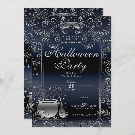 Silver Blue Witchy Magic Whimsical Halloween Party Kaart (Voorkant / Achterkant)
