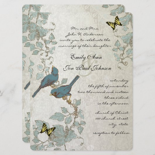 Silver Blue Yellow Butterflies & Birds Wedding Kaart (Voorkant / Achterkant)