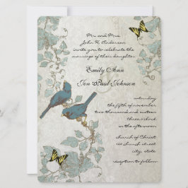 Silver Blue Yellow Butterflies & Birds Wedding Kaart