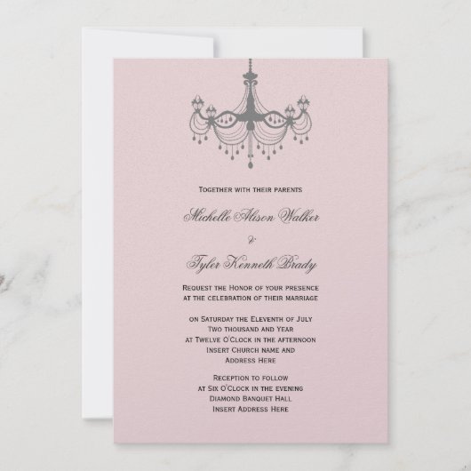 Silver & Blush Chandelier Invitation Kaart (Voorkant)