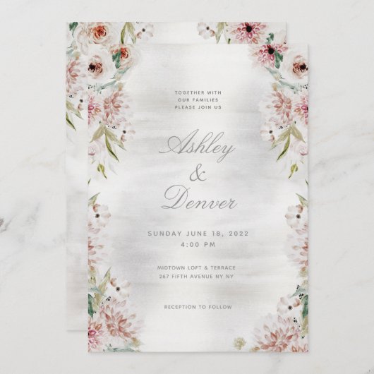 Silver Blush Garden Wedding Invitation Kaart (Voorkant / Achterkant)