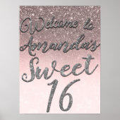 Silver & Blush Glitter Welcome Sweet 16 Party Sign Poster (Voorkant)