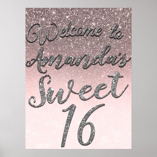 Silver & Blush Glitter Welcome Sweet 16 Party Sign Poster (Voorkant)