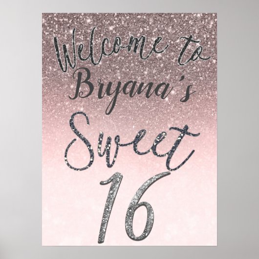 Silver & Blush Glitter Welcome Sweet 16 Party Sign Poster (Voorkant)