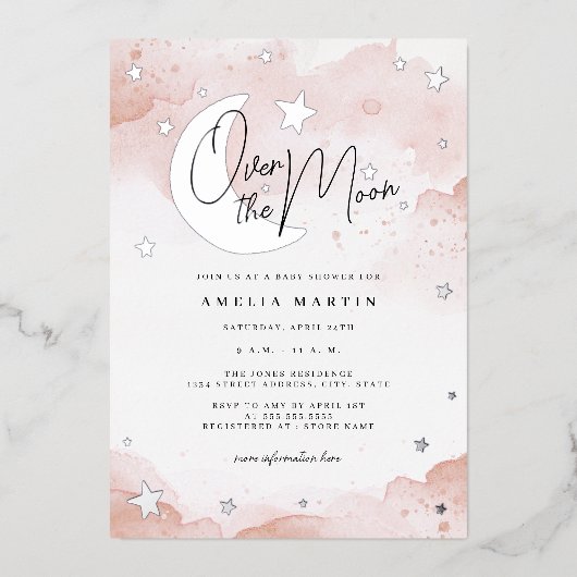 Silver Blush Over the Moon Baby shower Folie Uitnodiging (Voorkant)