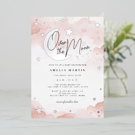 Silver Blush Over the Moon Baby shower Folie Uitnodiging (Staand Voorkant)