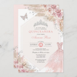 Silver Blush Pink Boho Floral Quinceañera Birthday Kaart