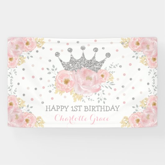 Silver Blush Pink Floral Crown Princess Birthday Spandoek (Horizontaal)