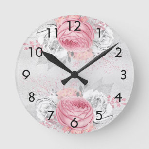 Silver blush pink florale roses elegant ronde klok