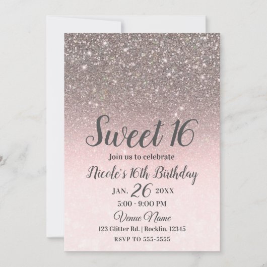 Silver & Blush Pink Glitter Sparkle Glam Sweet 16 Kaart (Voorkant)