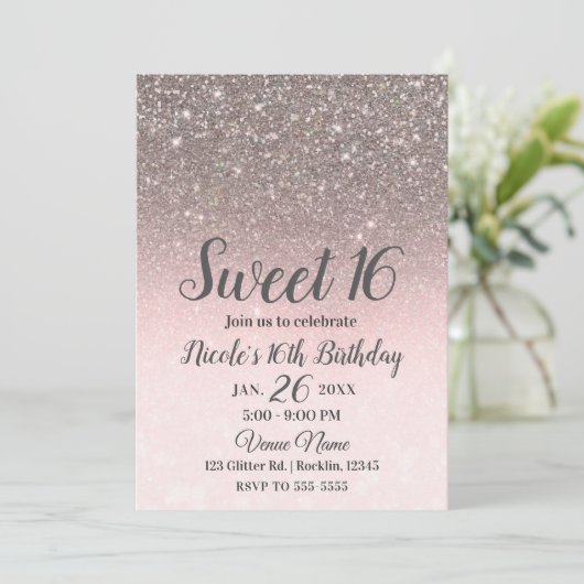 Silver & Blush Pink Glitter Sparkle Glam Sweet 16 Kaart (Staand voorkant)