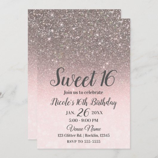 Silver & Blush Pink Glitter Sparkle Glam Sweet 16 Kaart (Voorkant / Achterkant)