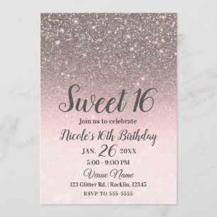 Silver & Blush Pink Glitter Sparkle Glam Sweet 16 Kaart