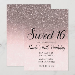 Silver & Blush Pink Glitter Sparkle Glam Sweet 16 Kaart