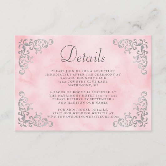  Silver Blush Pink Waterverf Details Informatiekaartje (Voorkant)