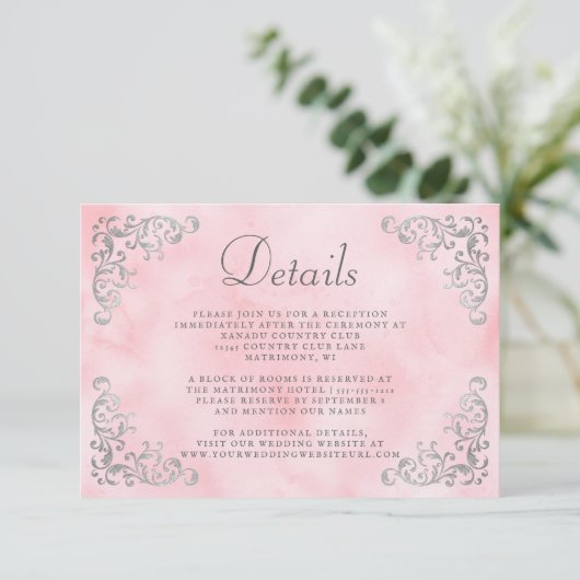  Silver Blush Pink Waterverf Details Informatiekaartje (Staand voorkant)
