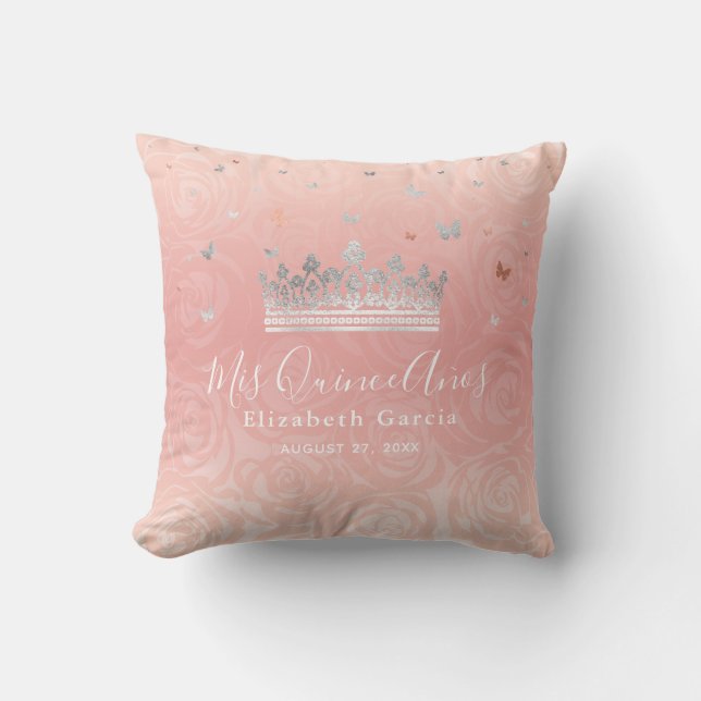 Silver Blush Roses Waterverf Mis Quince Anos Kussen (Voorkant)