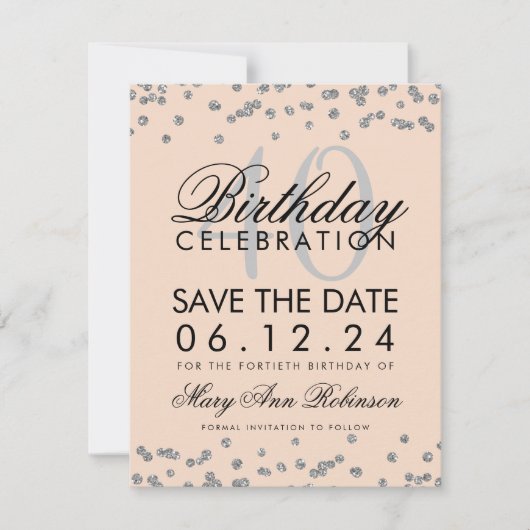 Silver Blush Roze 40th Birthday Save Date Confetti Save The Date (Voorkant)