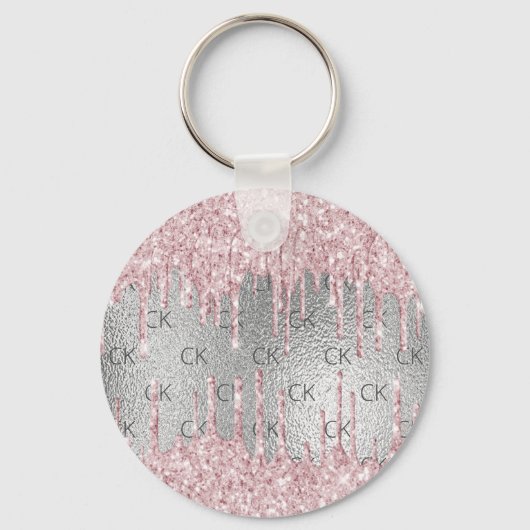 Silver blush roze glitter druppelt monogram initia sleutelhanger (Voorkant)