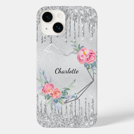 Silver blush roze glitter floral monogram Case-Mate iPhone case (Achterkant)