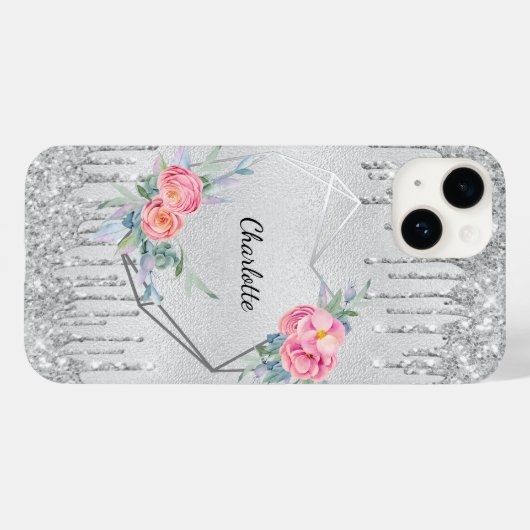 Silver blush roze glitter floral monogram Case-Mate iPhone case (Achterkant (horizontaal))