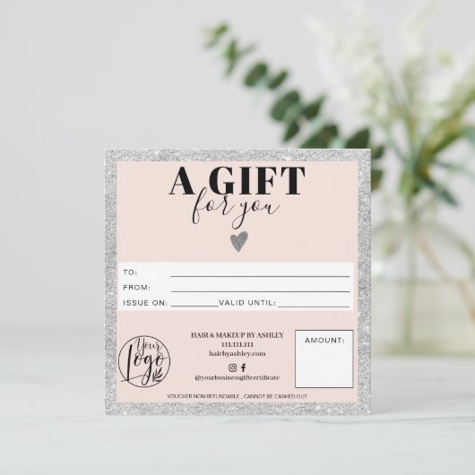 Silver blush roze vierkant cadeaubon logo (Staand voorkant)