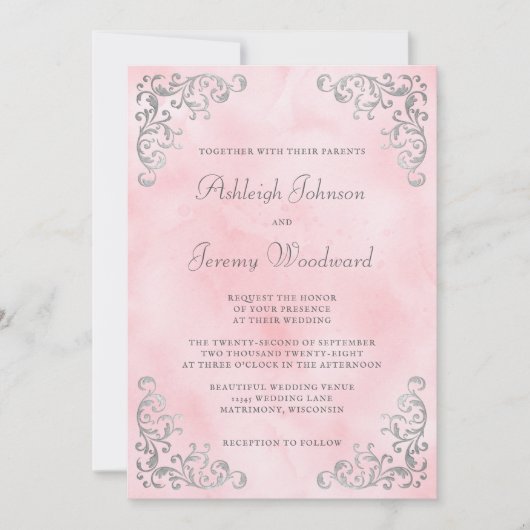  Silver Blush Roze Waterverf bruiloft Kaart (Voorkant)