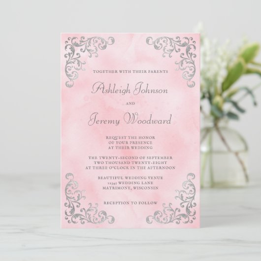  Silver Blush Roze Waterverf bruiloft Kaart
