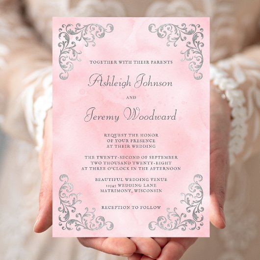  Silver Blush Roze Waterverf bruiloft Kaart
