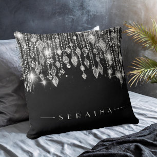 Silver Boho Pareltjes op zwart ID1035 Kussen