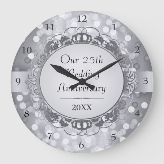Silver Bokeh 25th Jubileum Wall Clock Grote Klok (Voorkant)