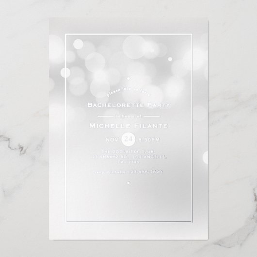 Silver Bokeh Bachelorette Party Folie Invitation Folie Uitnodiging (Voorkant)